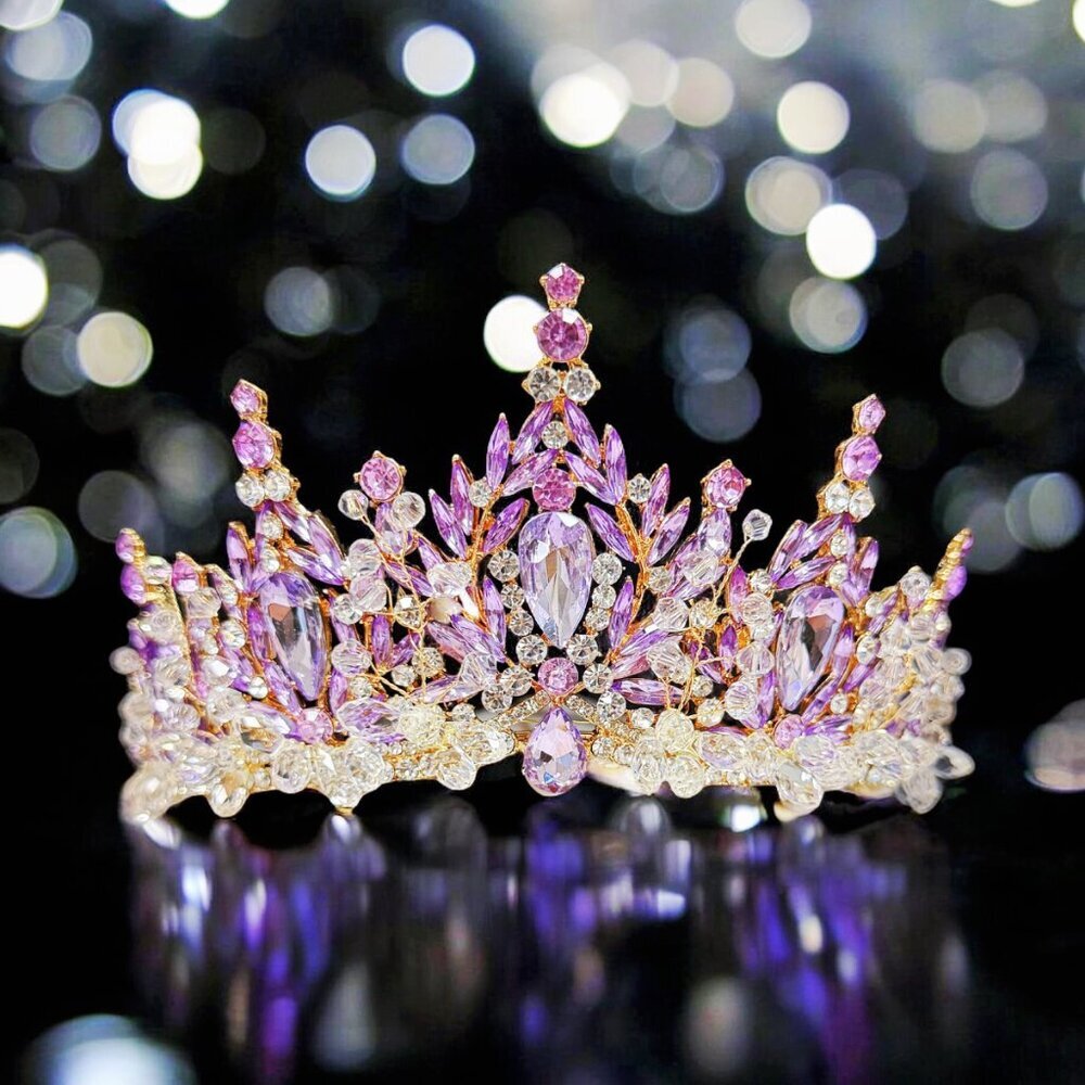 Purple Crystal Tiara, Handmade Bead Tiara, Gold Beads Headpiece, Victorian Crown